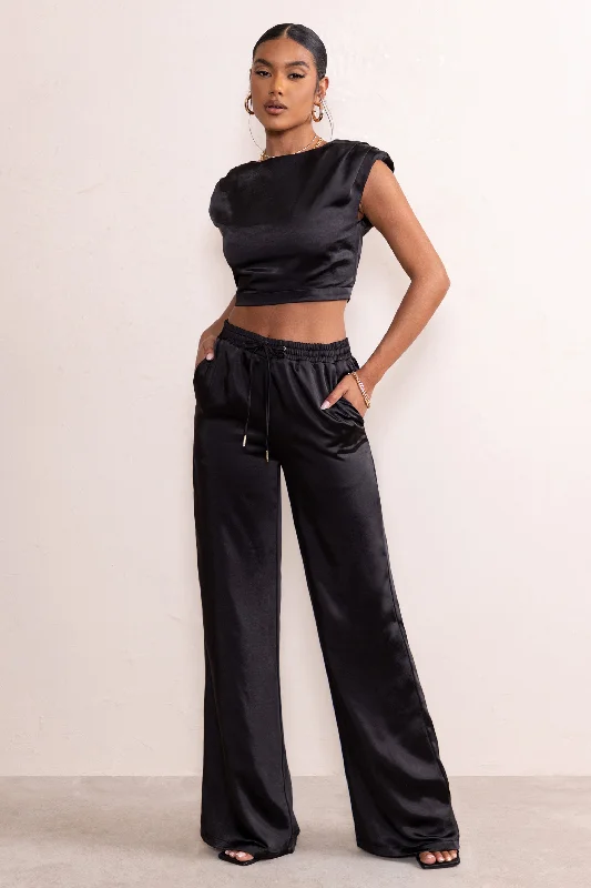 Casual Attire For Women Kelilah | Black Satin Wide Leg Jogger With Pockets