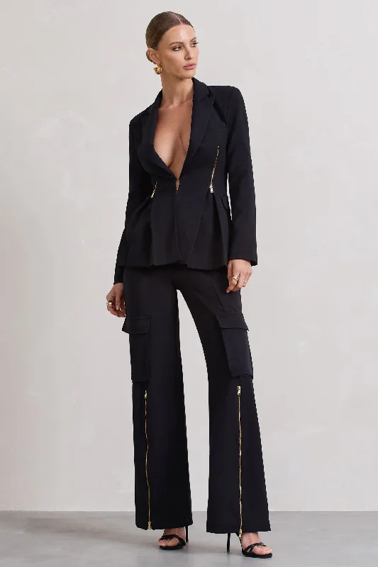 Women's Evening Garments Close Up | Black Wide-Leg Cargo Trousers With Ankle Zips