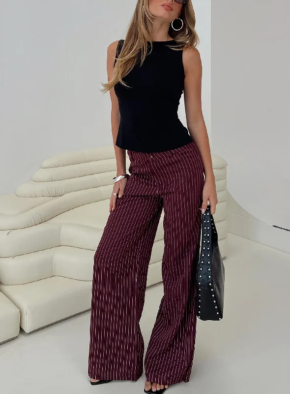 Women's Office Outfit Lorenne Mid Rise Pant Burgundy Pinstripe