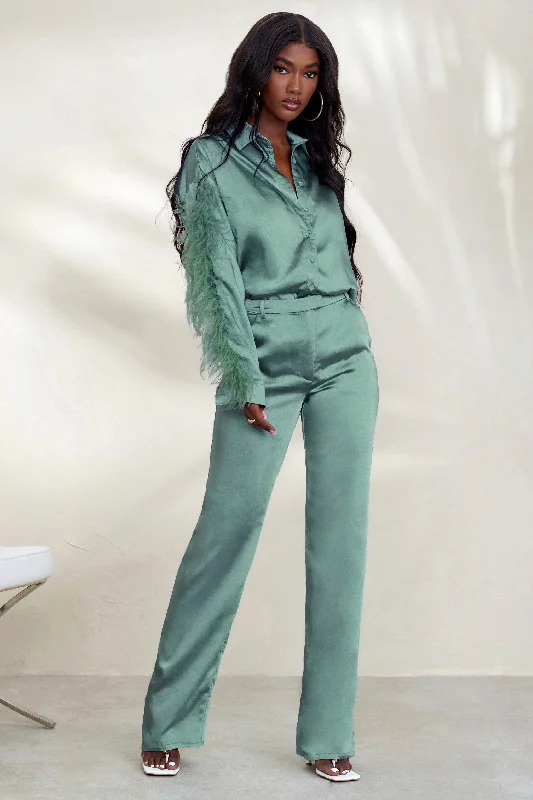 Women's Comfy Loungewear Outfit Evening Memories | Duck Egg Blue Satin Wide Leg Trousers