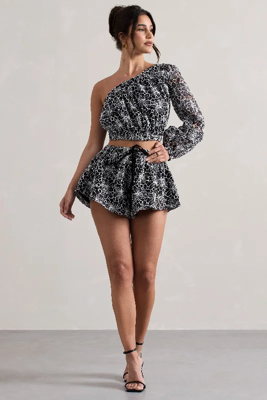 Women's Chic Outerwear Outfit At Last | Black Lace Tie Waist Shorts