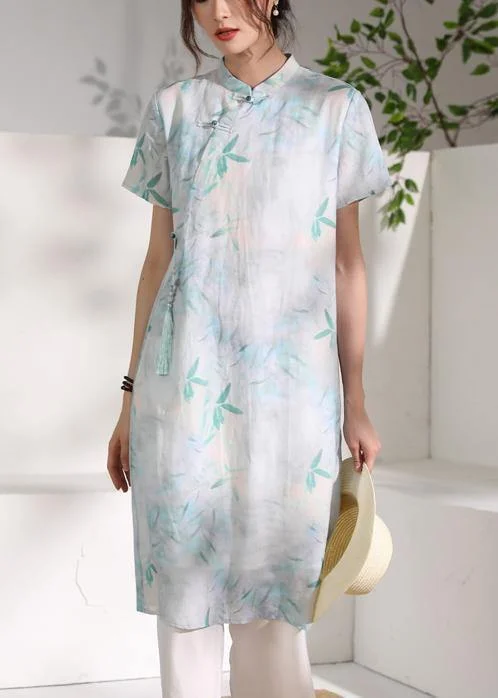 Women's Date Night Outfit Handmade green print linen clothes stand collar tassel oversized summer Dresses