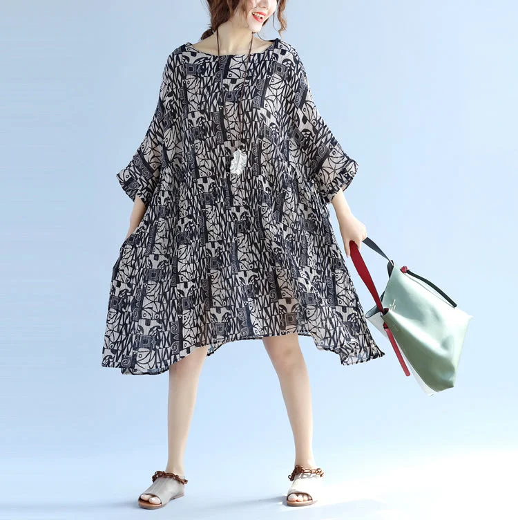 Women's Everyday Garments Elegant floral cotton linen knee dress oversized Batwing Sleeve large hem linen cotton dress casual O neck Cinched dresses