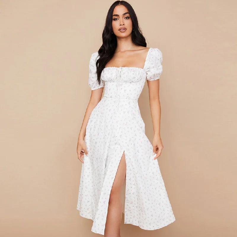 Women's Seasonal Garments Daisy Printed Puff Sleeve High Slit Smock Maxi Sundress - White