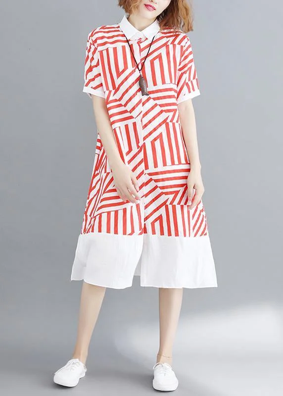 Timeless Women's Garments Vivid red striped tunic shirt dress lapel Button Down daily summer Dress