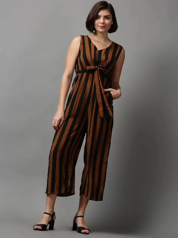 Women's Outdoor Activity Garments Women's Brown Striped Jumpsuit-AE-15647-Brown