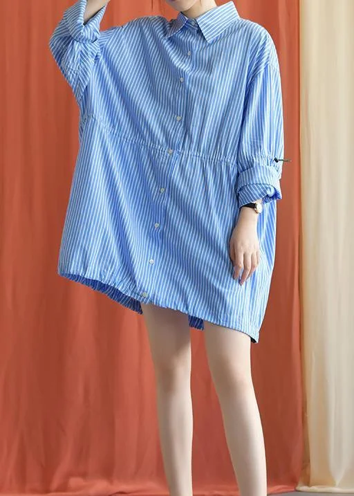 Women's Seasonal Attire Simple blue Cotton dresses drawstring Knee fall Shirt Dresses