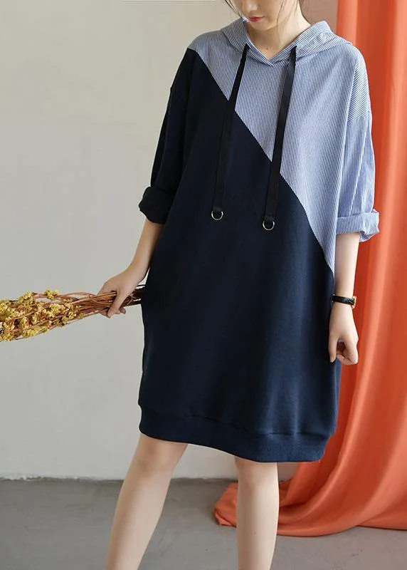 Women's Floral Print Outfit Handmade navy patchwork Cotton quilting clothes hooded daily fall Dress