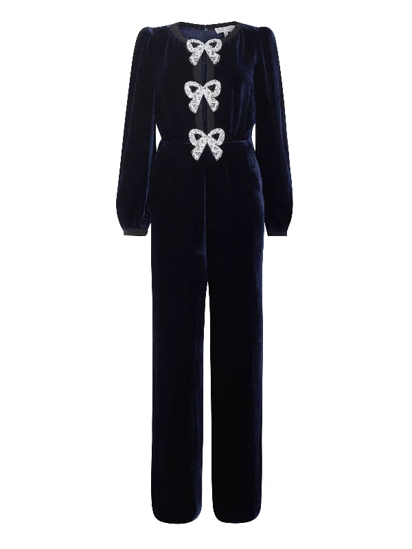 Women's Casual Outfit Camille Velvet Embellished Bows Jumpsuit in Navy