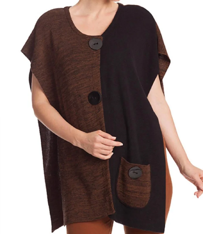 Formal Outfit For Women Large Button Poncho Sweater In Brown/black