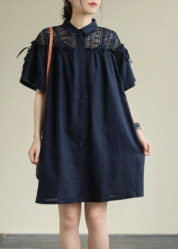 Women's Functional Outfit For Outdoor Activities Chic navy linen dress lapel patchwork hollow out daily summer Dress