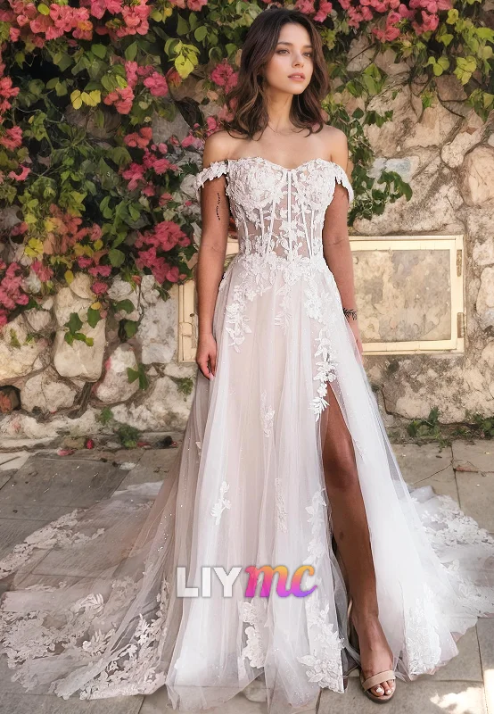 Women's Outdoor Activity Garments LW052 - A Line Off Shoulder Lace Appliqued Tulle Long Wedding Dress