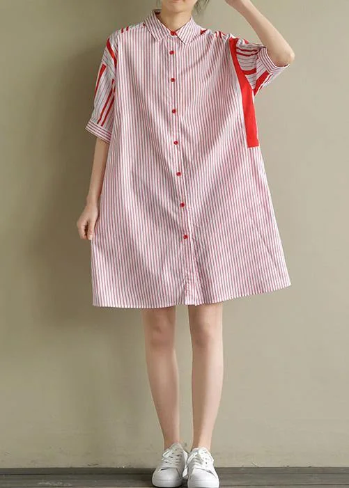 Stylish Women's Garments Simple lapel patchwork Cotton clothes For Women red striped Dresses summer