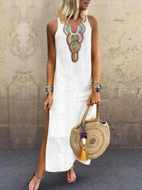 Women's Weekend Outfit Bohemian Sleeveless Deep V-neck Side Slit Dress