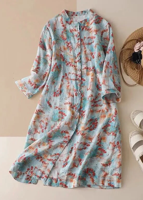 Women's Elegant Evening Attire New Colorblock Button Print Cotton Shirts Mid Dresses Bracelet Sleeve