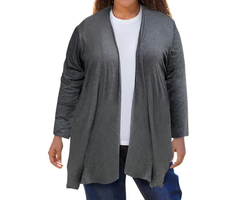 Elegant Women's Evening Garments Long Sleeve Draped Cardigan - Plus In Heather Grey