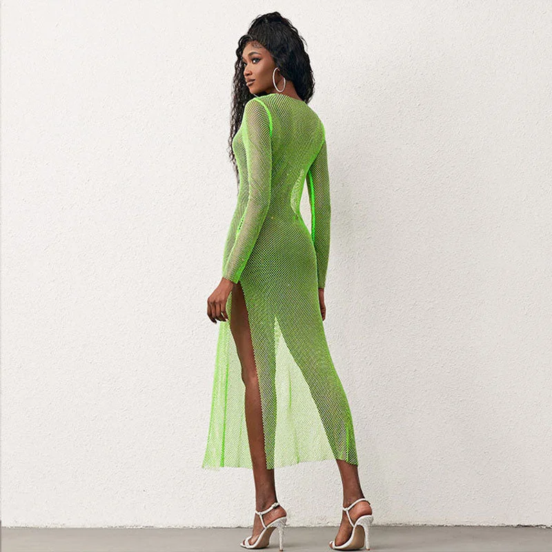 Women's Relaxed Outfit Sparkly Fishnet Crystal Embellished Long Sleeve Maxi Dress - Neon Green