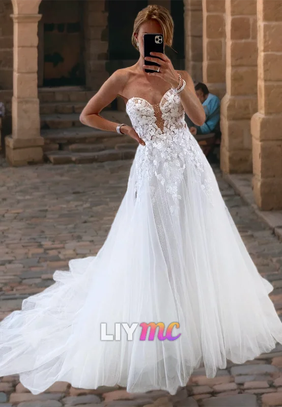 Women's High-Fashion Outfit LW025 - A Line Illusion V neck Lace Appliques Rustic Wedding Dress