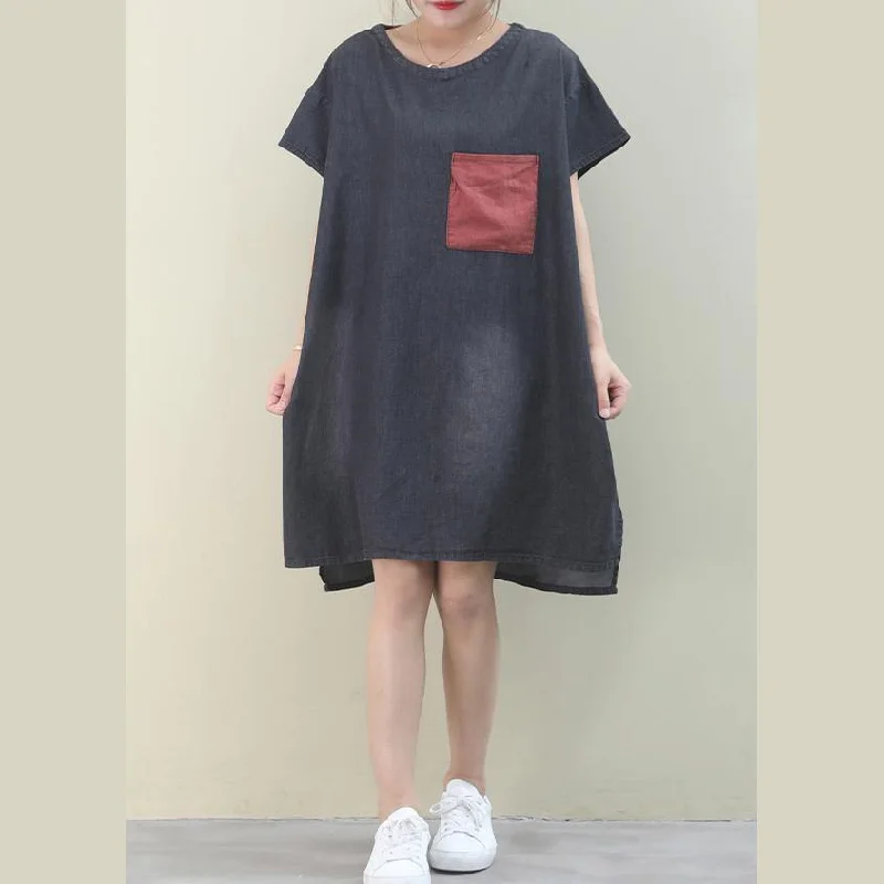 Women's Apparel And Garments Loose o neck red pockets Cotton quilting dresses Inspiration denim black Dress