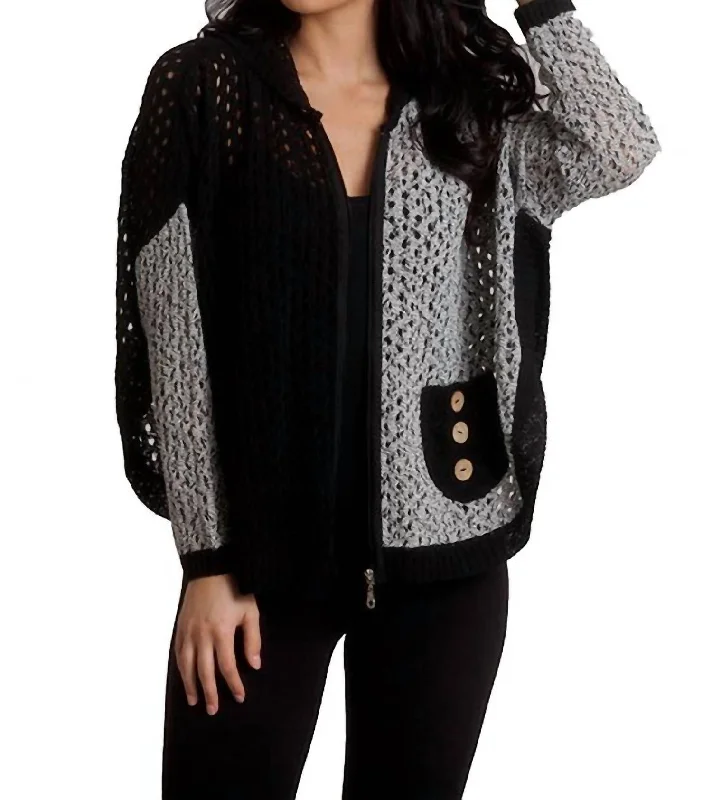 Women's Chic Outerwear Outfit Crochet Button Hoodie Poncho In Black/white