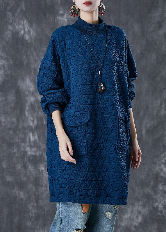 Vintage-Inspired Garments Navy Warm Fine Cotton Filled Sweatshirt Dress High Neck Pockets Winter