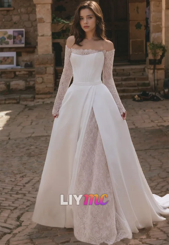 Women's Travel Garments LW374 - A Line Off Shoulder Lace Long Sleeevs Elegant Wedding Dress