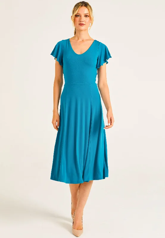 Women's Elegant Evening Attire Reversible Midi Dress With Flutter Sleeves & Waist Tie In Teal