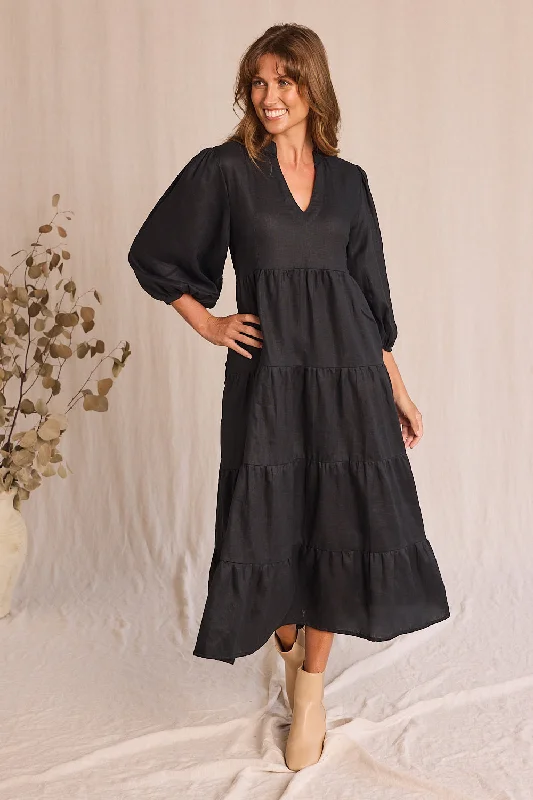 Comfortable Outfit For Women Sabre Linen V-Neck Dress in Black