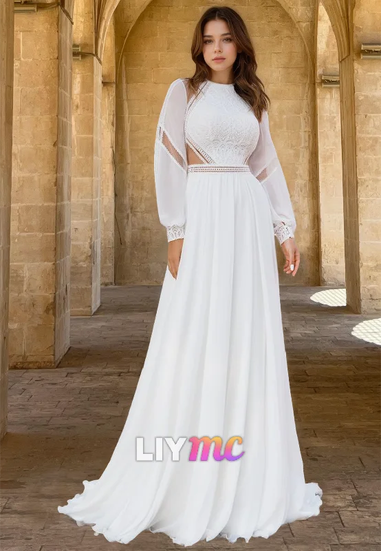 Women's Garments Bateau Long Sleeves Appliques Chiffon Boho A-Line Wedding Dress