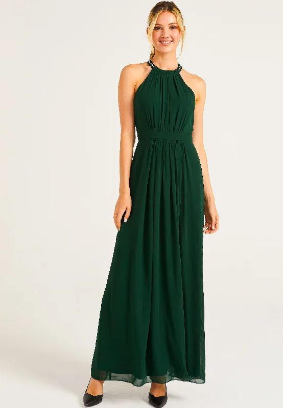 Women's Vacation Outfit Beaded Halterneck Maxi Dress in Emerald Green