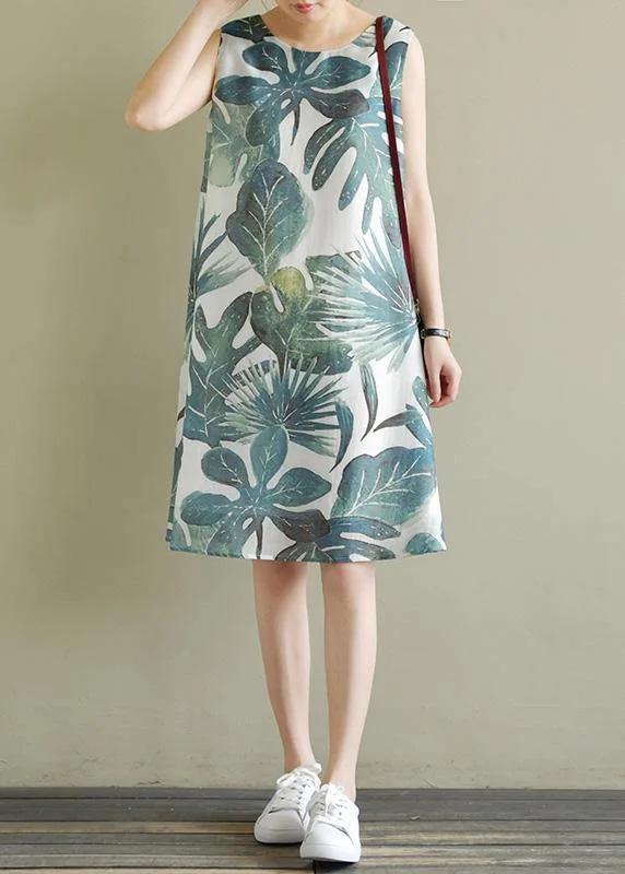 Women's Classic Attire French green print dresses sleeveless Dresses summer Dress