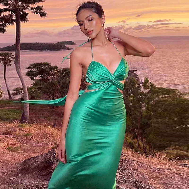 Women's Night-Out Outfit Striking Tie Back Twist Front Cut Out Satin Slip Maxi Dress - Green