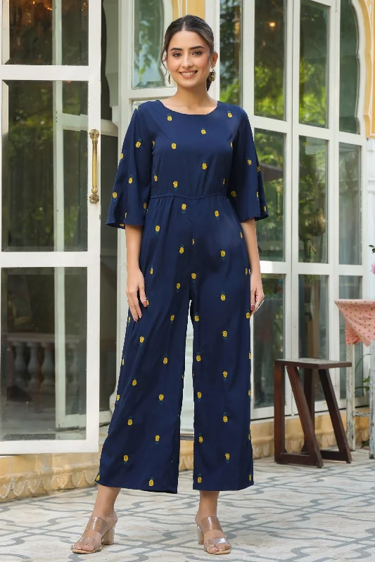 Women's Casual Garments Juniper Dark Blue Quirky Printed Poly Crepe Jumpsuit With Thread Work Embroidery