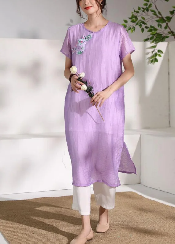 Women's Vintage-Inspired Outfit DIY purple linen clothes For Women o neck cotton side open Dress