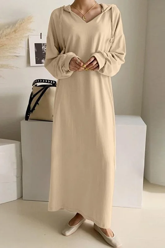 Women's Resort Attire V Neck Drawstring Hooded Dress