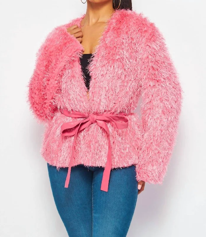 Stylish Women's Outfit Noemi Pink Shaggy Cropped Cardigan