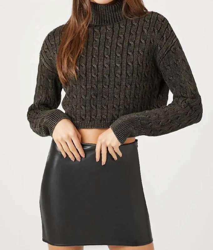 Women's Timeless Attire Cable Knit Turtleneck Cropped Sweater In Black