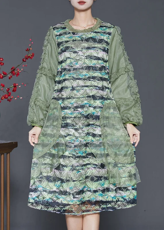 Women's Plus-Size Casual Outfit Classy Green Ruffled Patchwork Silk Dress Spring