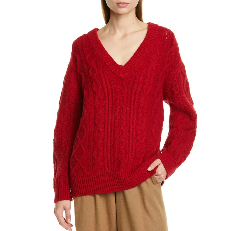 Women's Vacation Attire V Neck Cable Knit Sweater In Cherry