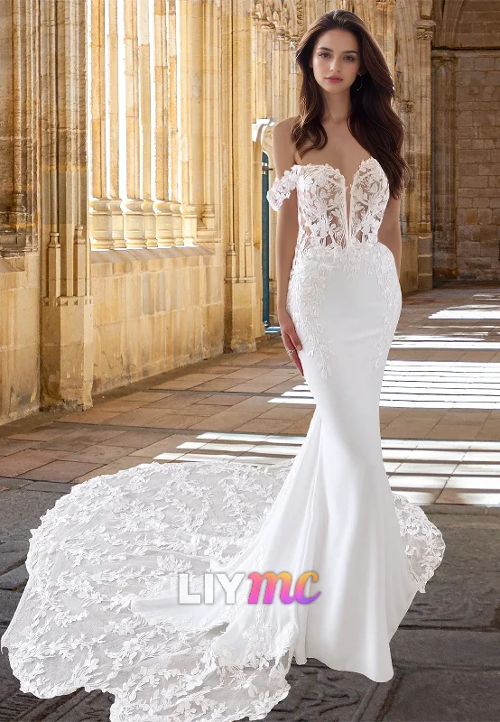 Women's Chic Outfit LW028 - Illusion Deep V neck Romantic Lace Appliques Mermaid Wedding Dress