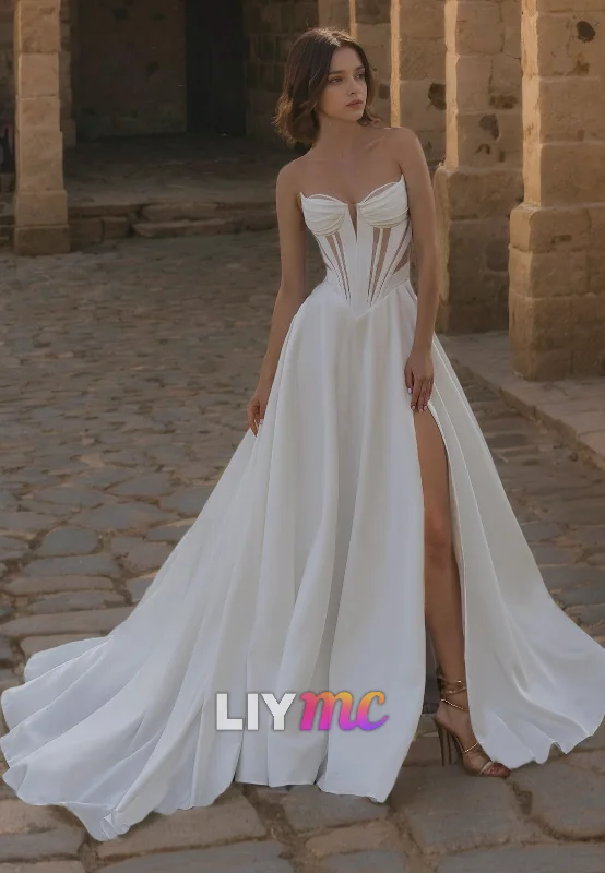 Women's Vacation Outfit Set LW099 - A Line Illusion Strapless Cut Outs Pleated Satin Long Wedding Dress With Slit