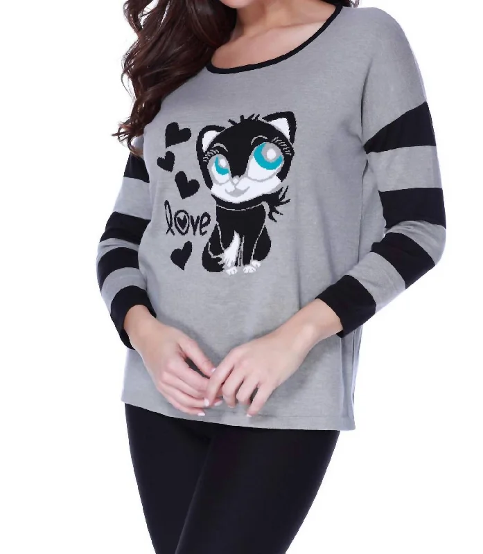 Women's Stylish Casual Garments Kitty Love Pullover In Gray Multi