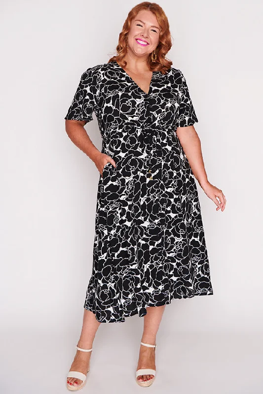 Women's Comfortable Lounge Attire Michelle Peonies Black & White Dress