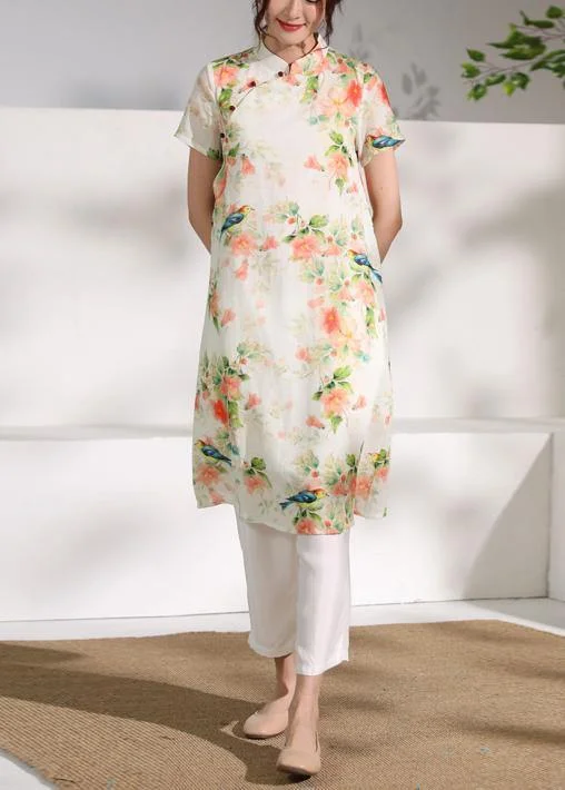 Formal Attire For Women Classy orange floral linen clothes short sleeve Dresses o neck Dress