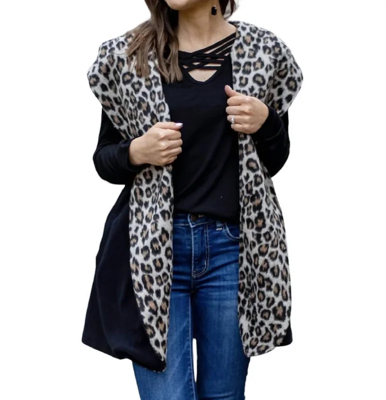 Women's Trendy Outfit Warm & Together Vest Cardigan Hoodie In Black With Leopard