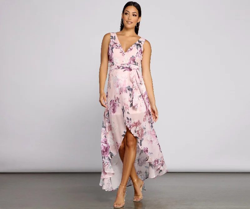 Women's Casual Wear Outfit Wrapped In Romance Charming Floral Chiffon Maxi Dress