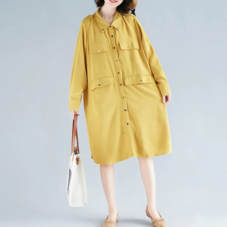 Women's Vintage Garments DIY yellow Cotton Wardrobes Mom Tutorials lapel collar short Dress