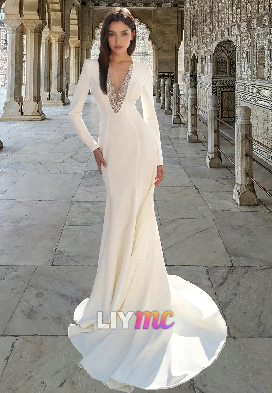 Women's Activewear Attire LW018 - Illusion V neck Beads Long Sleeves Mermaid Wedding Dress