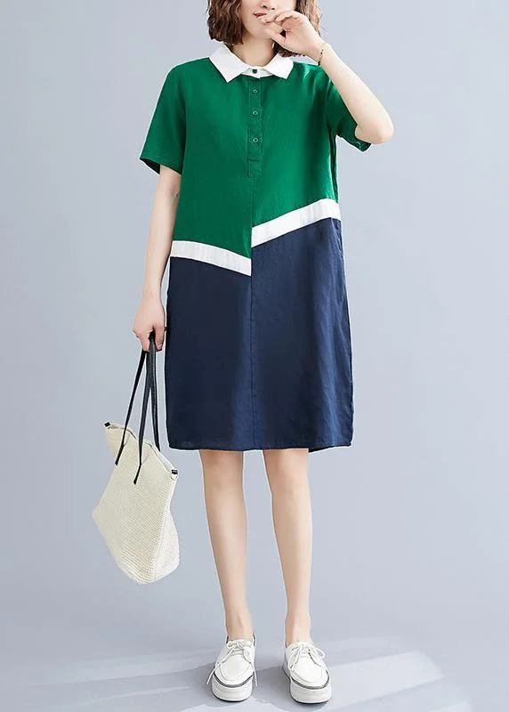 Women's Vintage-Inspired Outfit Style green cotton linen quilting clothes Peter pan Collar shift summer Dresses