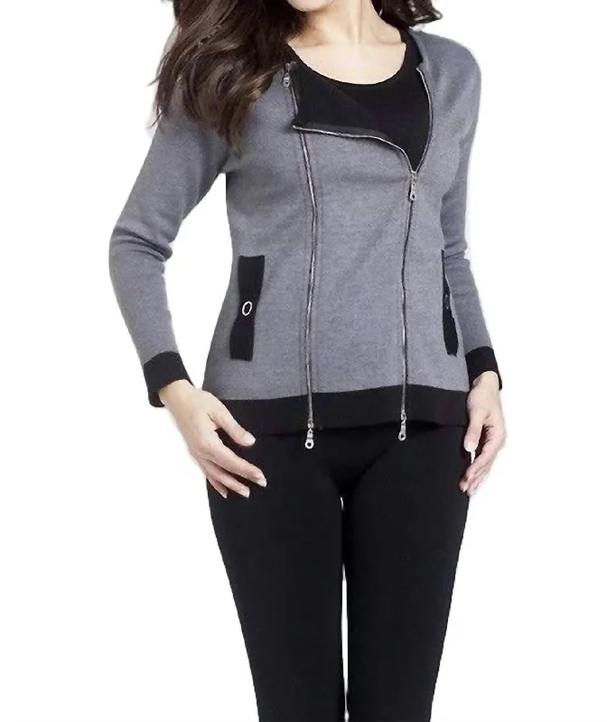 Women's Seasonal Attire Double Zip Cardigan In Gray/black